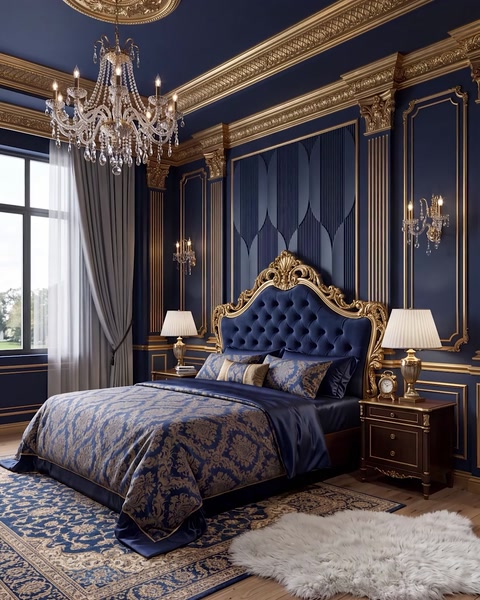 Navy bedroom with gold panel headboard wall behind upholstered bed