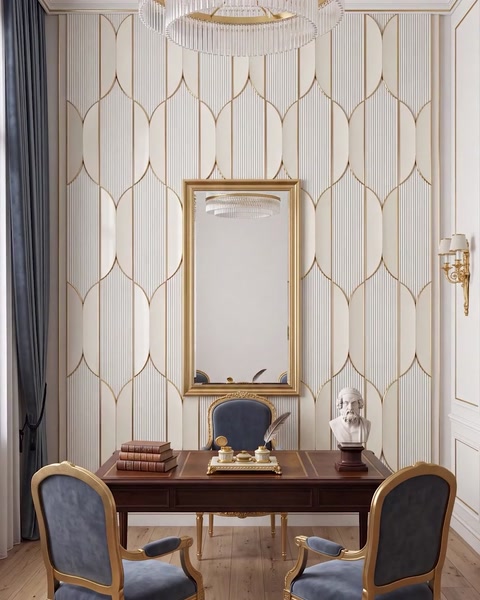 Home office with panel wall, wooden desk, and framed mirror