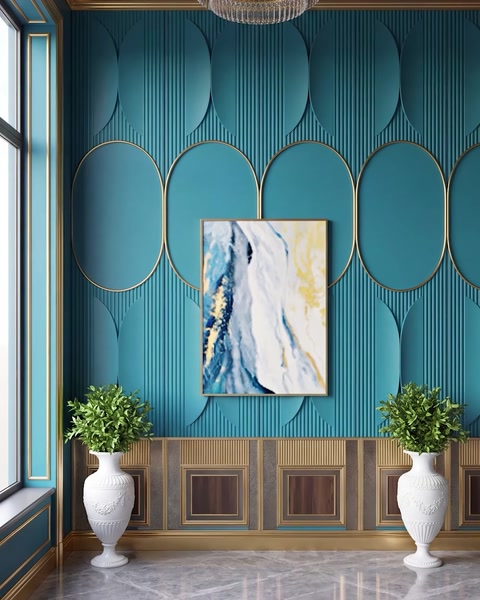 Teal painted panel wall highlighting artwork above console table
