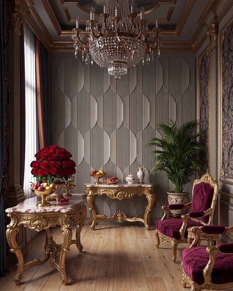 Living room with panel wall, marble side table, and greenery