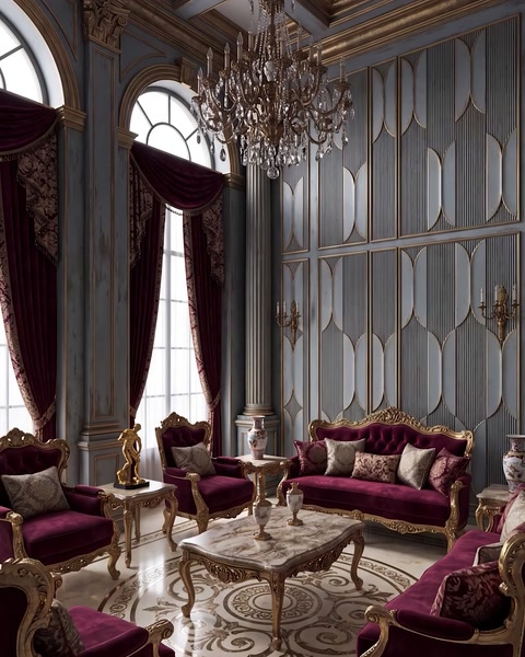 Dark toned room with panel wall and arched draped windows