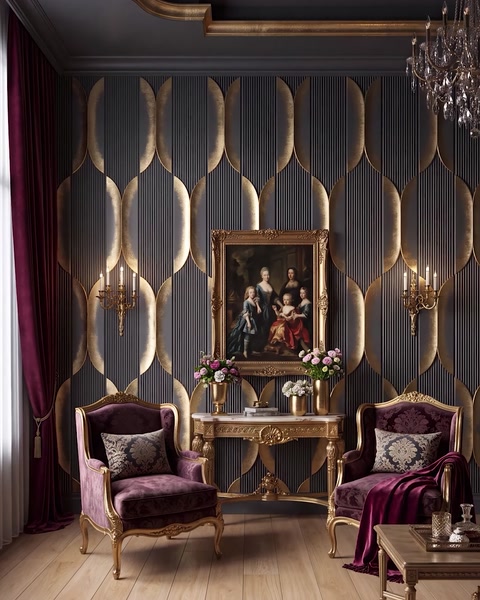 Entryway with panel wall, gold framed painting, and vintage armchairs