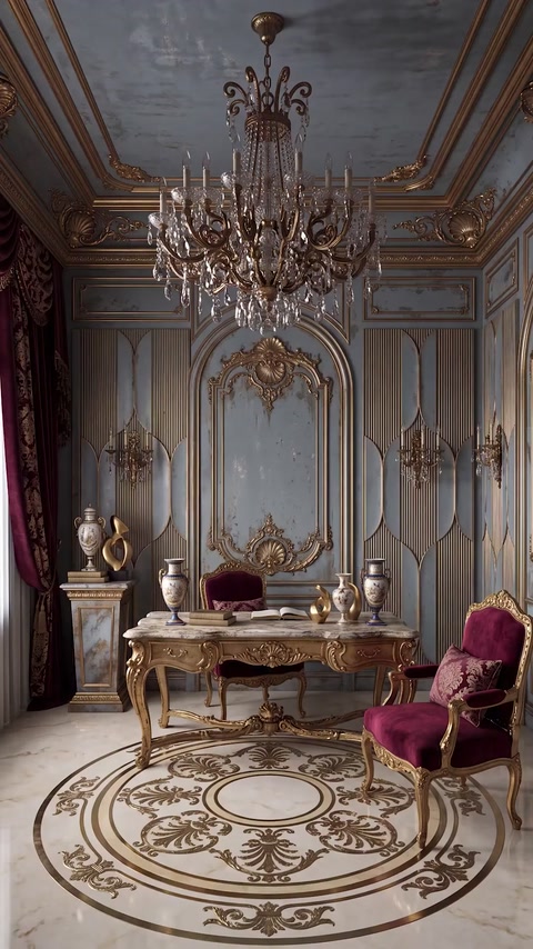 Ornate living room featuring gold-trimmed decorative wall panels and chandelier