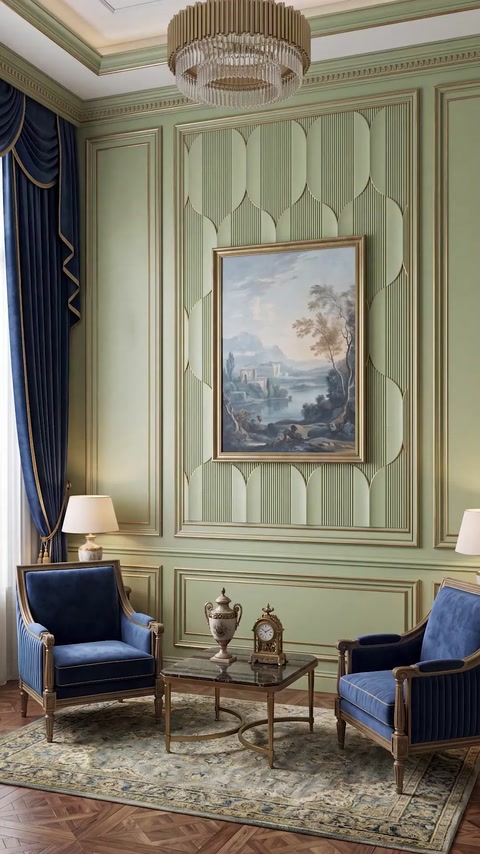 Sage green living room with textured wall panel and framed painting
