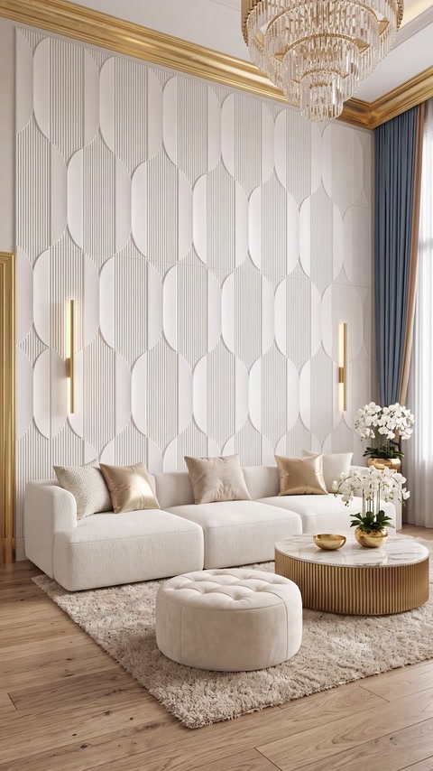 Bright white living room showcasing vertical panel wall behind sofa