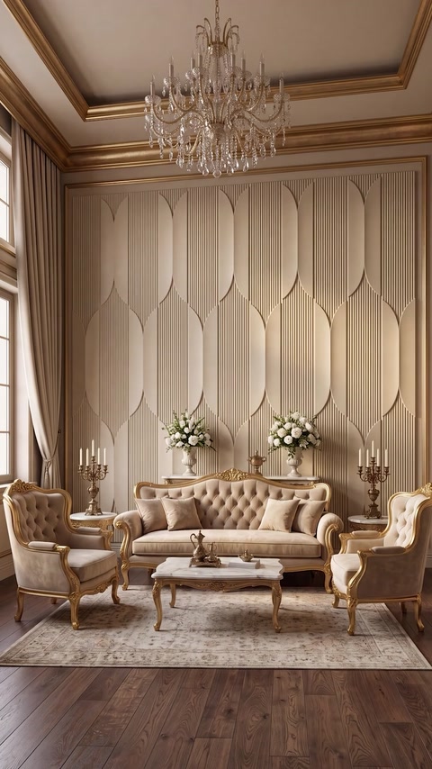Elegant living room with cream panel wall, gold accents, floral decor