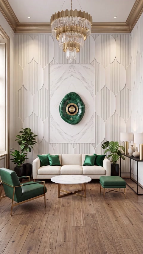 Marble-tone wall panel with green circular decorative centerpiece