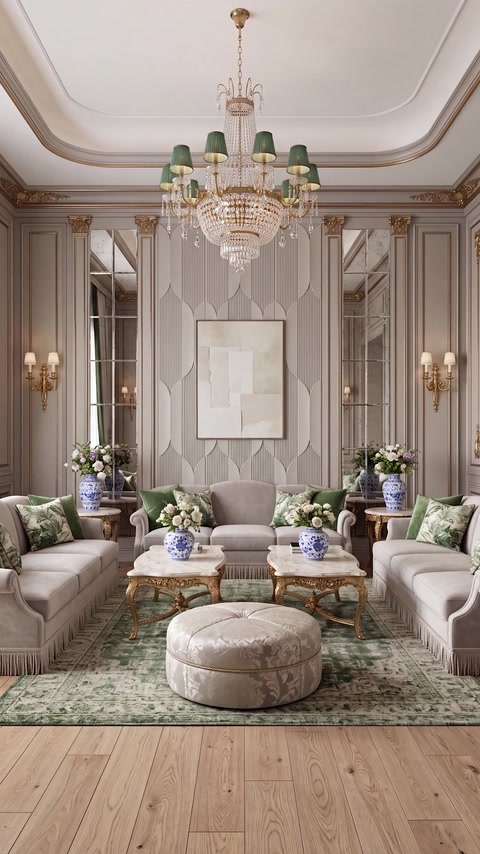 Living room with panel wall, green upholstered chairs, ornate chandelier