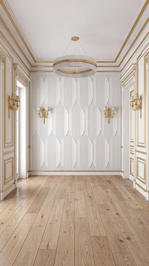 Empty room showing full panel wall installation with wall sconces