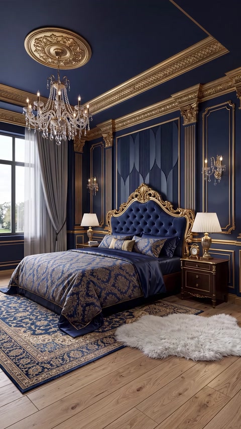 Navy bedroom with gold panel headboard wall behind upholstered bed