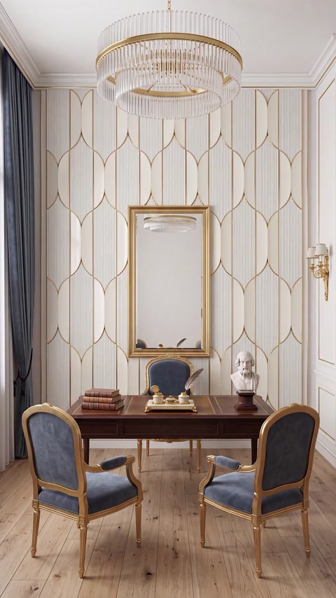 Home office with panel wall, wooden desk, and framed mirror