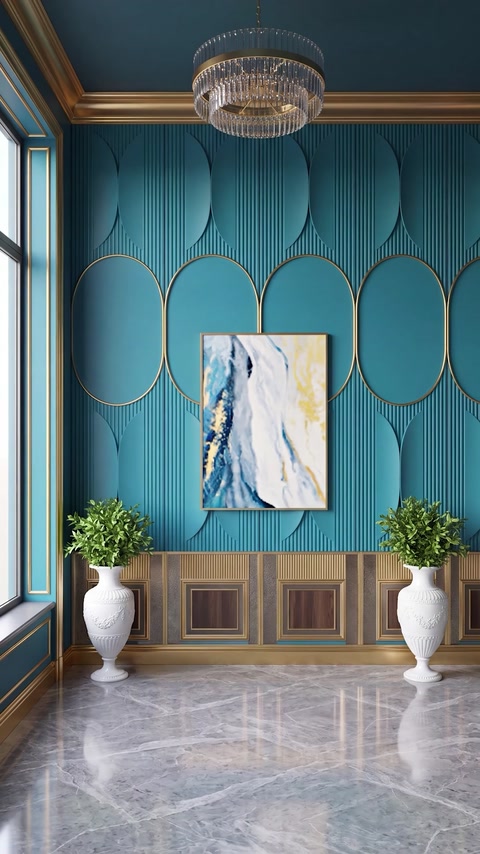 Teal painted panel wall highlighting artwork above console table