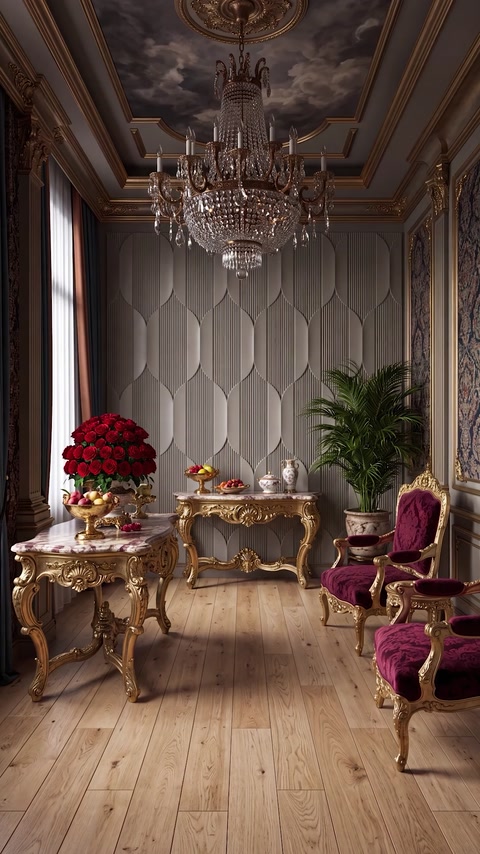 Living room with panel wall, marble side table, and greenery