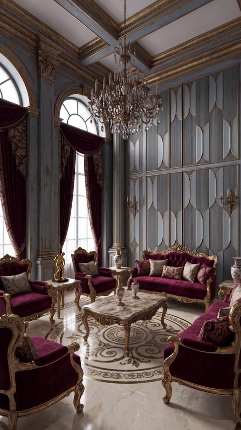 Dark toned room with panel wall and arched draped windows