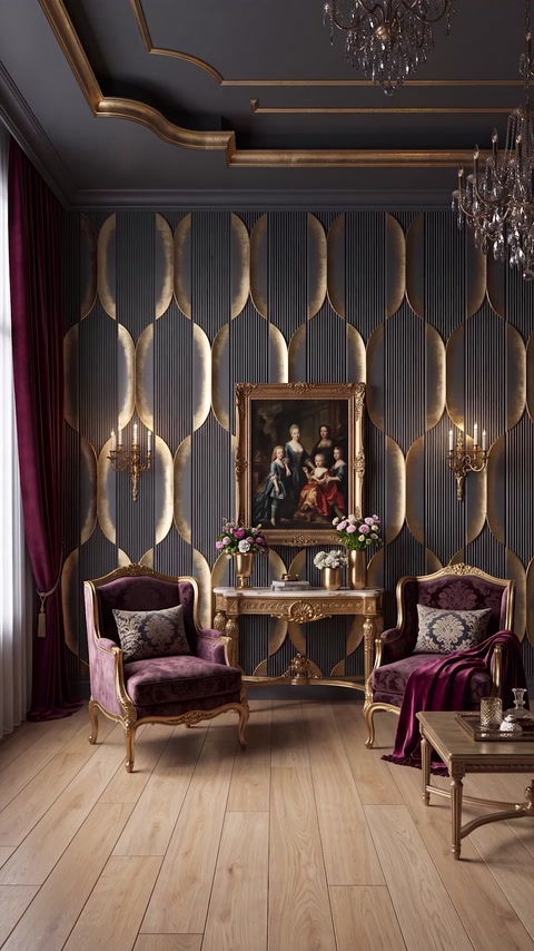 Entryway with panel wall, gold framed painting, and vintage armchairs