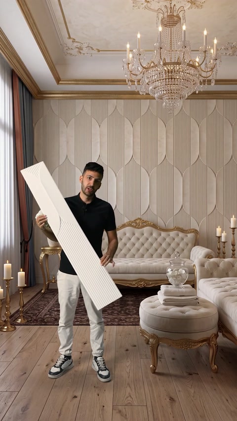 Installer displays a textured panel inside an ornate cream sitting room