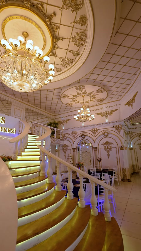Grand staircase with golden handrail and crystal chandeliers