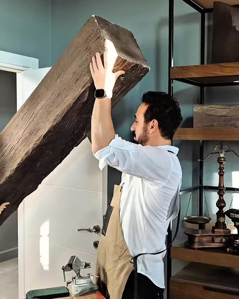 Posizionamento nell'area di lavoro di una lunga trave effetto legno