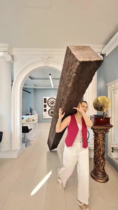 Una trave decorativa è esposta orizzontalmente all’interno di uno showroom con archi bianchi.