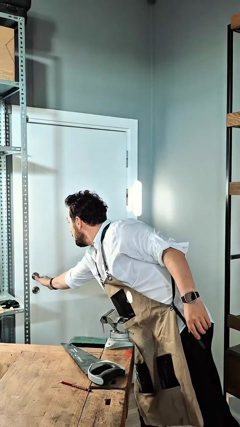 Un artigiano apre la porta dell’officina e si prepara a installare la trave decorativa.