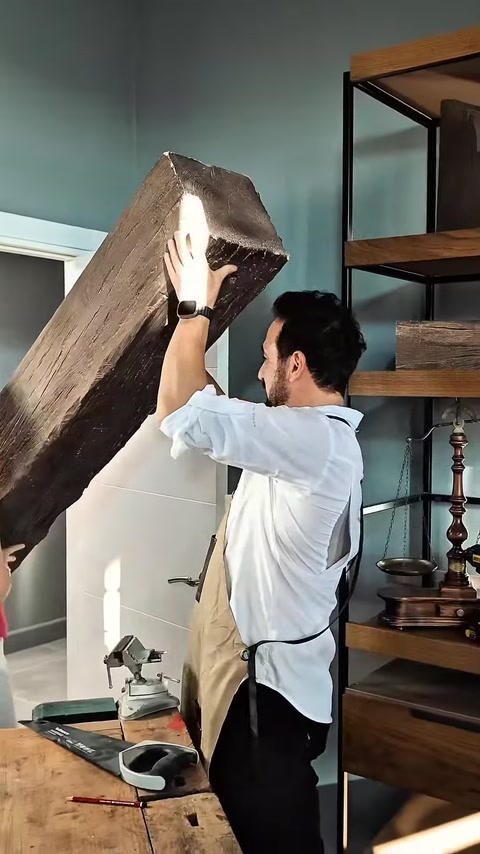 Un artigiano esamina alla luce una sezione di trave cava dall’aspetto legno.