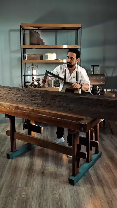 Una lunga trave decorativa dalla superficie rustica viene esaminata sul banco da lavoro.