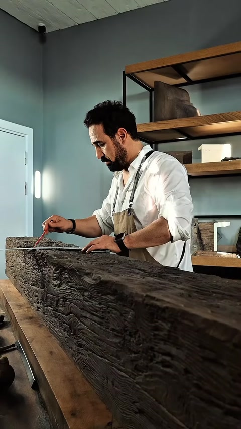 Un artigiano misura e segna una trave effetto legno.