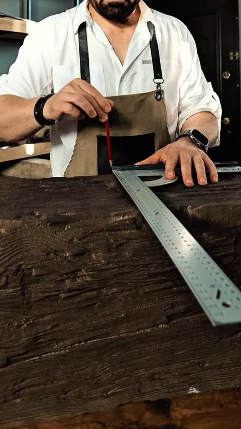 Una linea di taglio viene riportata sulla superficie della trave con un righello metallico e una matita.