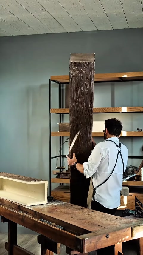 Una lunga trave decorativa viene sollevata in posizione verticale per mostrarne la forma.