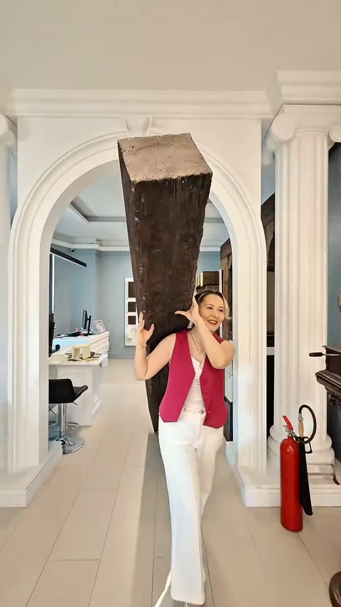 Una trave decorativa viene maneggiata a mano nel corridoio della showroom con colonne e archi bianchi.
