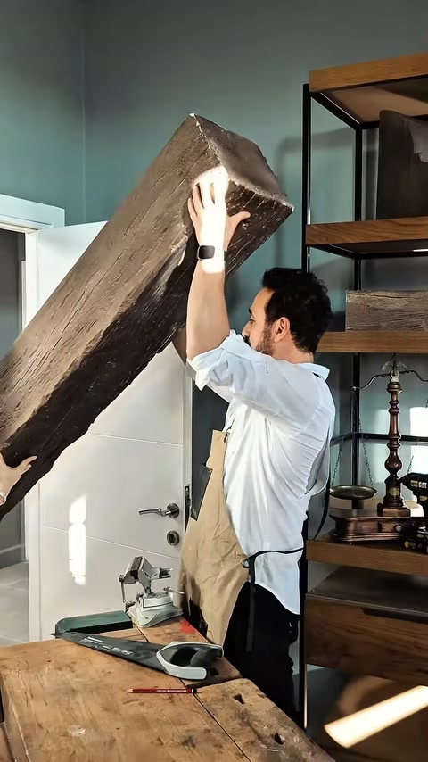 Il maestro trasporta il lungo pezzo di trave decorativa dall'ingresso dell'officina verso l'interno.