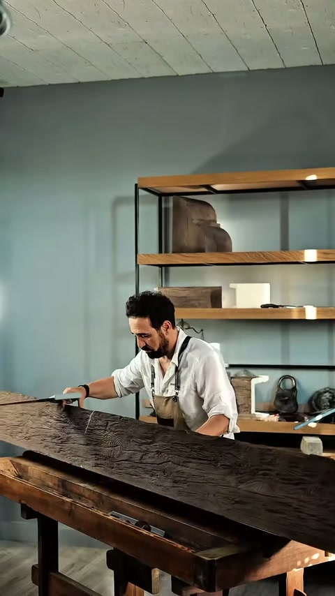 Il maestro modella la superficie della trave sul banco carteggiandola.