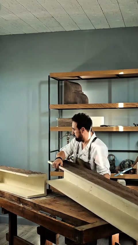 Due profili di travi decorative diverse vengono confrontati affiancati sul banco di lavoro.