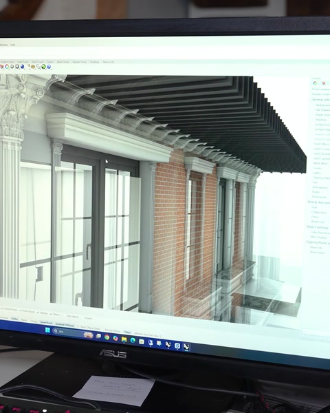 Dettagli di taglio facciata e bordi finestra mostrati sul modello 3D