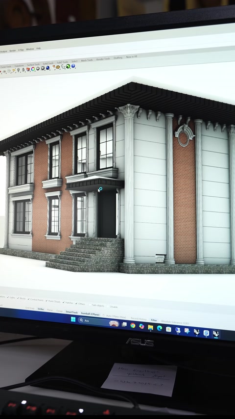 Tasarlanan villa cephesindeki söve ve dekoratif sütun detayları görülüyor