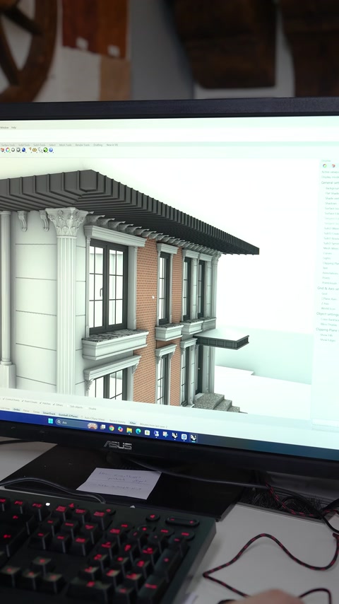 I dettagli delle colonne e delle decorazioni delle finestre nel modello digitale della facciata sono mostrati da vicino