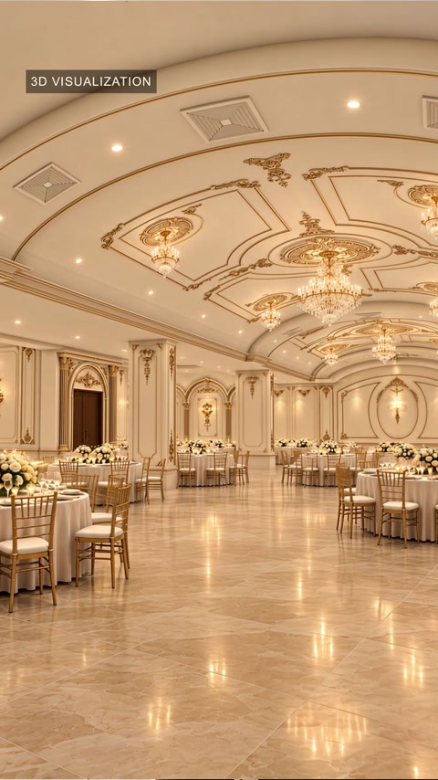 Wide 3D visualization showing the coordinated wedding hall interior