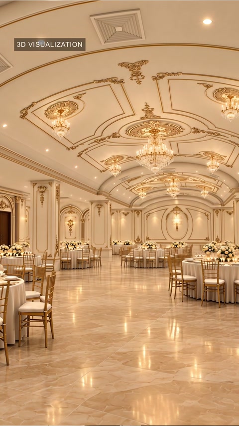 Rendered hall displaying ceiling ornamentation, chandeliers, and decorative columns