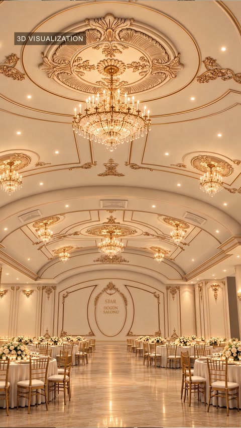 Ceiling medallions and chandeliers aligned within the rendered hall design