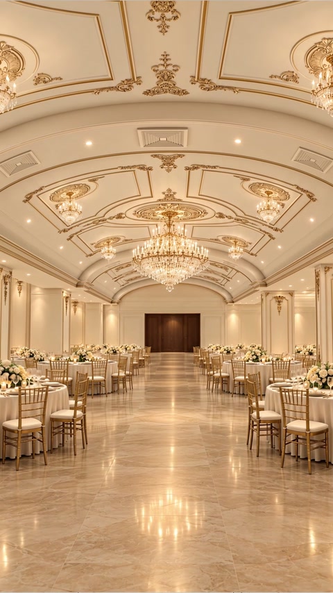 Rendered central aisle beneath ornate ceiling panels and chandeliers