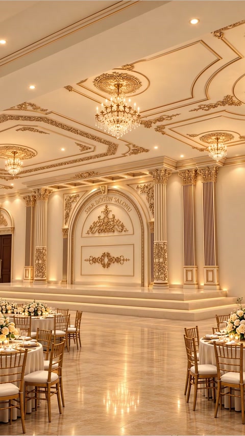 Stage wall visualization framed by decorative columns and ceiling mouldings