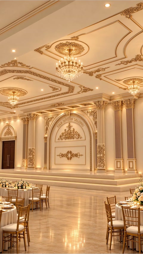 Detailed stage design combining relief panels, columns, and cornices
