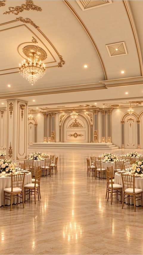 Complete hall visualization showing coordinated ceiling, stage, and columns