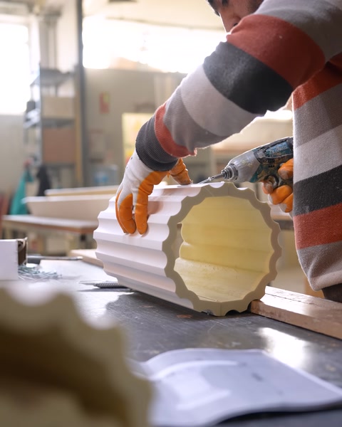 Worker drilling into a polyurethane column base component