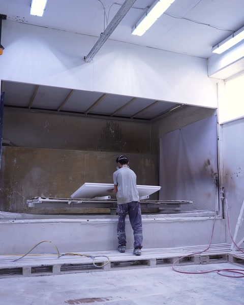 Worker moving a tabletop through the spray painting booth
