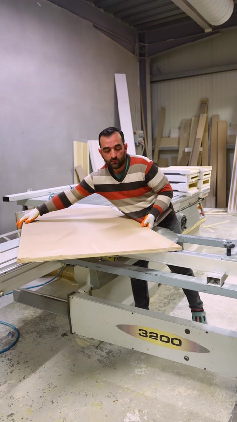 Taglio di un grande pannello MDF su una sega circolare da laboratorio