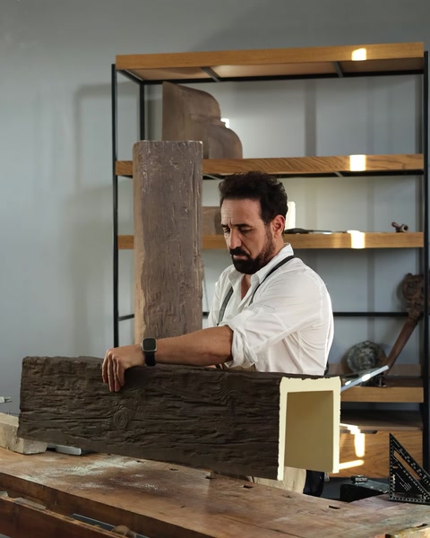 Un artigiano modella una trave architettonica dall'aspetto legno nel laboratorio