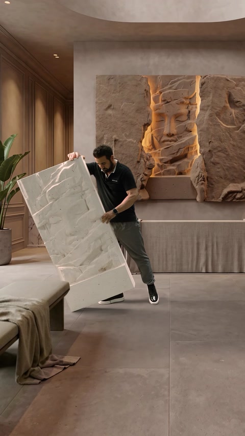 Craftsman positions a textured architectural wall panel indoors