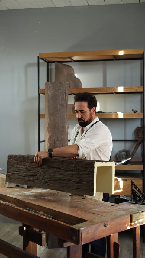 Craftsman shapes a wood-look architectural beam in the workshop