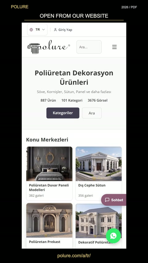 Il sito mobile visualizza le categorie di decorazione in poliuretano e le opzioni di accesso al catalogo.